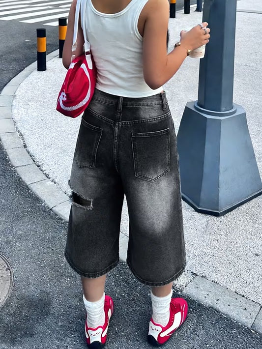 CM-BT755418 Women Casual Seoul Style Gradient Ripped Loose-Fitting Wide-Leg Denim Bermuda Shorts