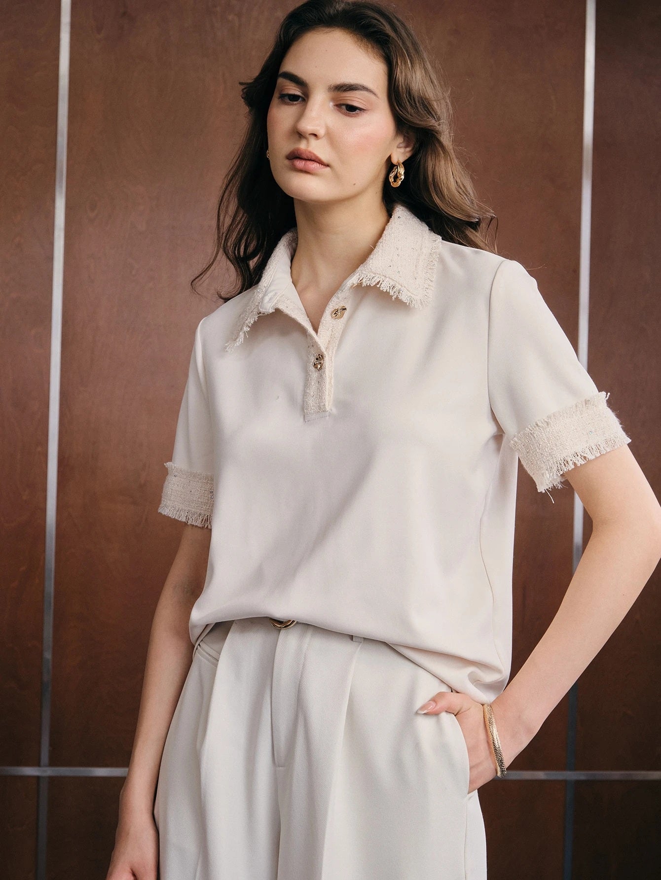 CM-TS014476 Women Elegant Seoul Style Patchwork Tweed Fringe Rhinestone Button Polo Shirt - Apricot