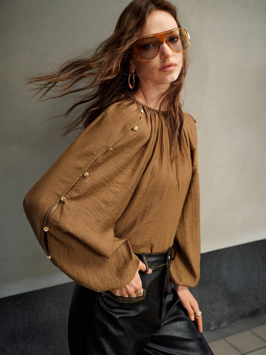 CM-TS875318 Women Elegant Seoul Style Round Neck Bishop Sleeve Linen Blend Metal Button Decor Oversized Top - Khaki