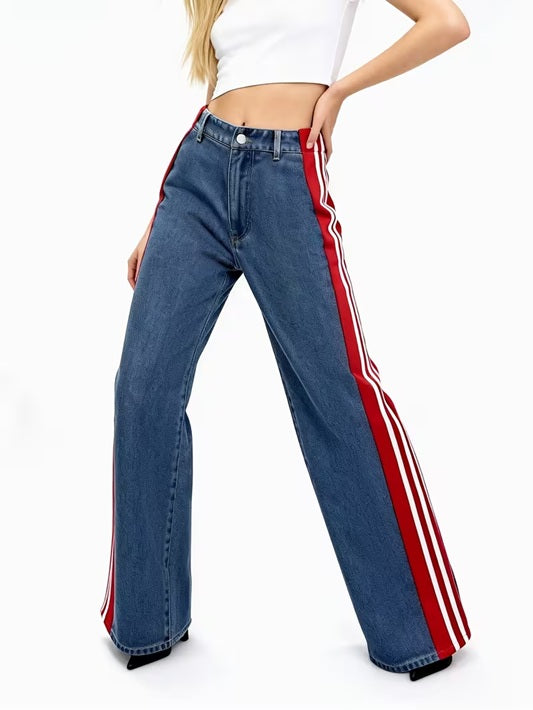 CM-BT576793 Women Casual Seoul Style Patchwork Striped High-Waist Wide-Leg Pants - Red