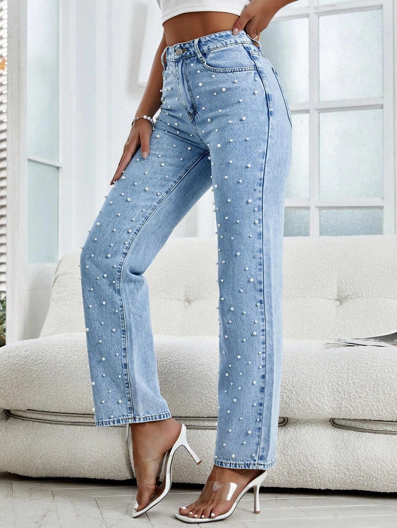 CM-BS212555 Women Elegant Seoul Style Light Wash Pearls Beaded Flare Leg Jeans