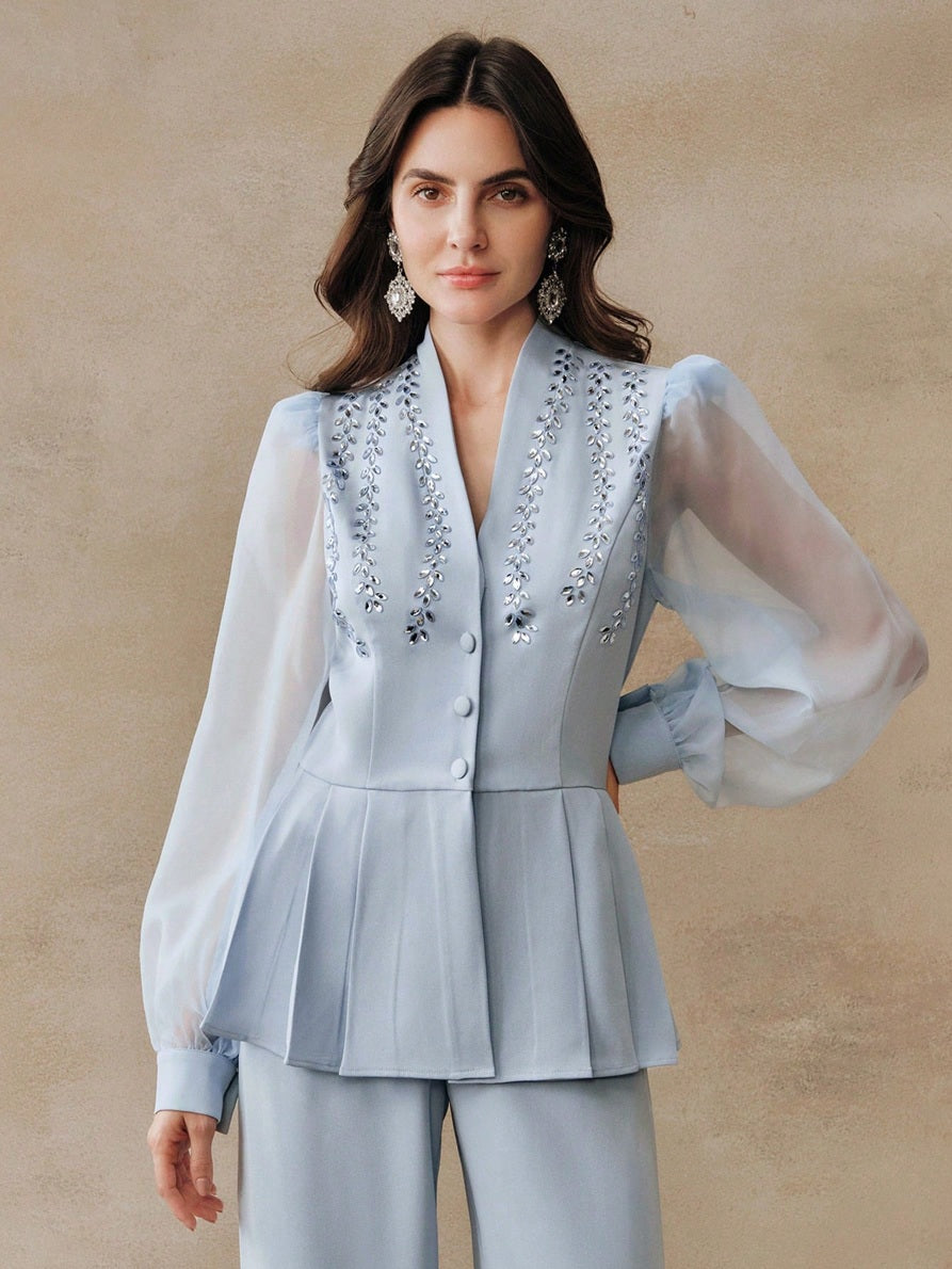 CM-SS511976 Women Elegant Seoul Style Shawl Collar Mesh Long Sleeve Rhinestone Fitted Blouse With Straight Leg Pants - Set