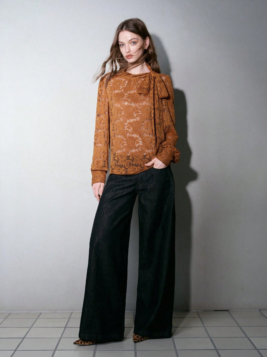 CM-TS022052 Women Elegant Seoul Style Lace Tie Neck Stand Collar Long Sleeve Blouse - Khaki