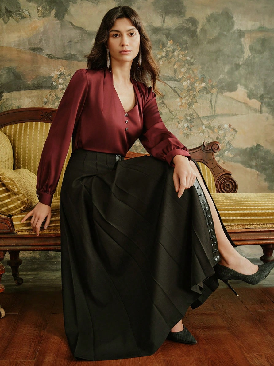CM-SS488279 Women Elegant Seoul Style V-Neck Long Sleeve Top With Leather Strap Pleated Skirt - Set