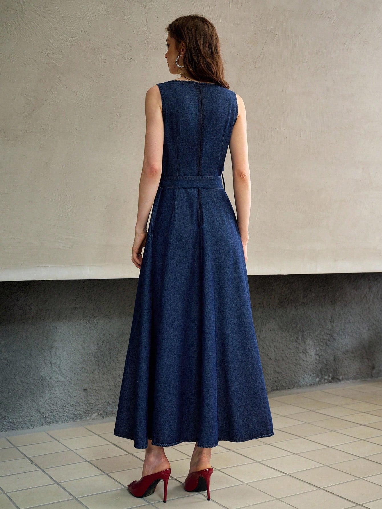 CM-DS408513 Women Elegant Seoul Style Square Neck Sleeveless Asymmetric Pleated Waist Flared Denim Dress - Blue