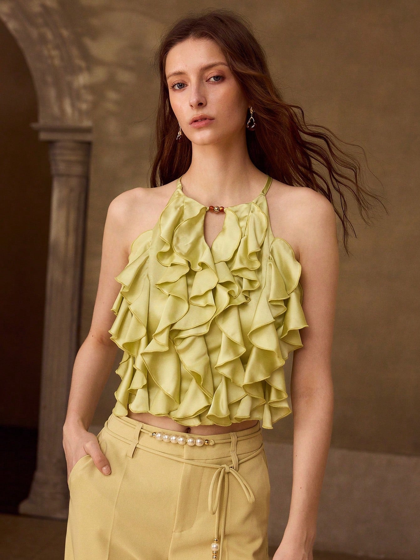 CM-TS792187 Women Elegant Seoul Style Multi-Layer Cold Shoulder Ruffle Halter Top - Green