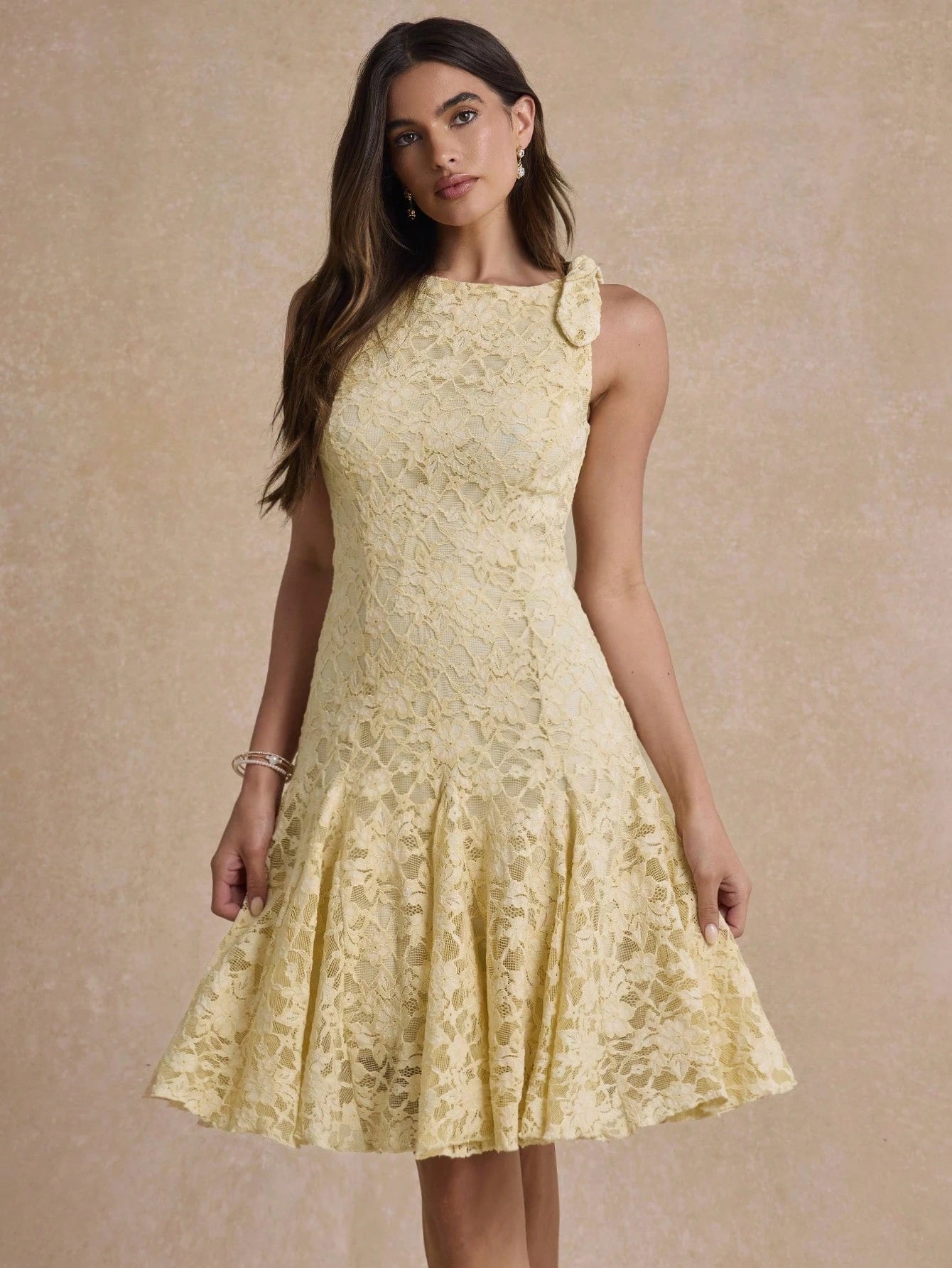 CM-DS334084 Women Elegant Seoul Style Round Neck Sleeveless Lace Ruffle Tie-Up Short Dress