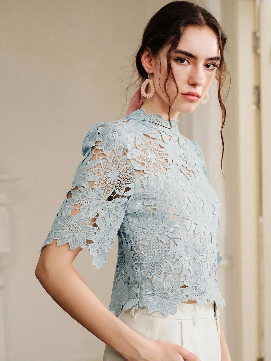 CM-TS859130 Women Elegant Seoul Style Collar Lace Cropped Floral Hollow Out Puff Sleeve Top - Dusty Blue