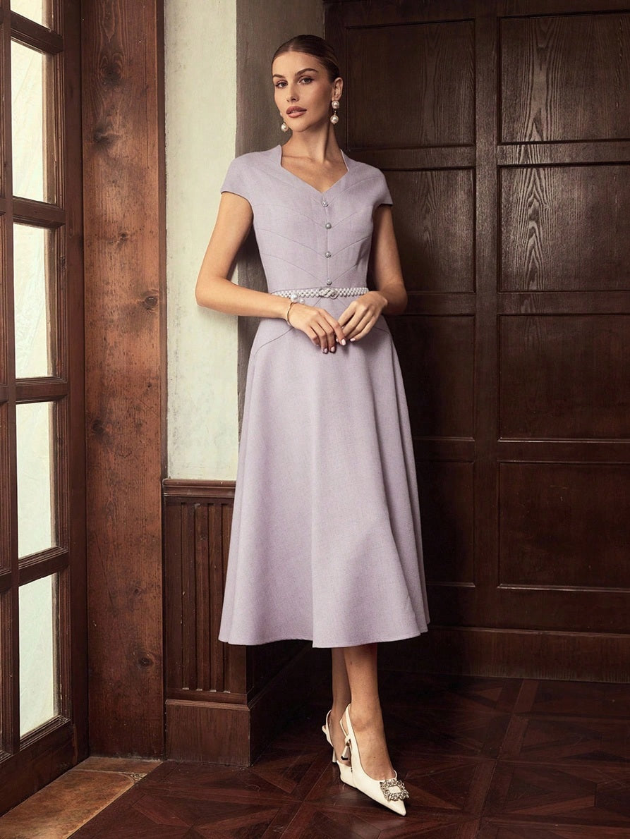 CM-DS479010 Women Elegant Seoul Style Cap Sleeve Cinched Waist Mid-Length Dress - Purple