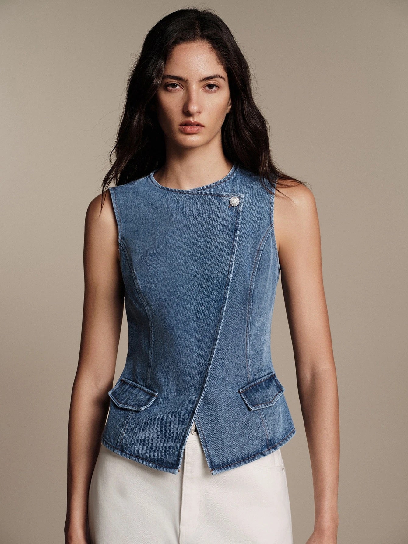 CM-BS249192 Women Casual Seoul Style Round Neck Sleeveless Waist-Cinching Asymmetrical Denim Vest - Baby Blue