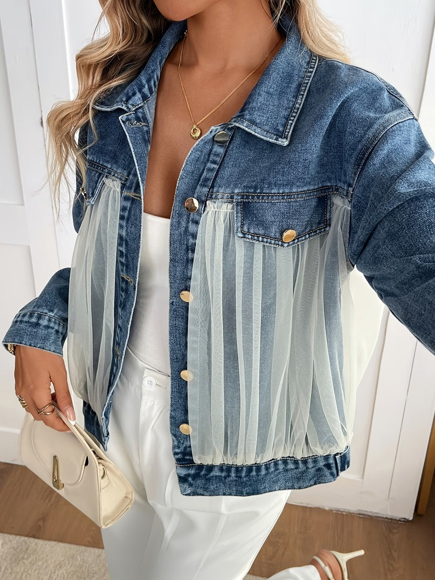 CM-CT494908 Women Casual Seoul Style Collar Neckline Long Sleeve Mesh Patchwork Denim Jacket - Blue