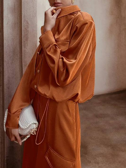 CM-ST351276 Women Elegant Seoul Style Solid Color Front Button Long Sleeve Drawstring Top With Maxi Skirt - Set