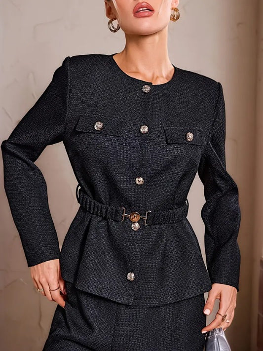 CM-ST888453 Women Elegant Seoul Style Round Neck Long Sleeve Belted Blazer With Wide-Leg Pants - Set