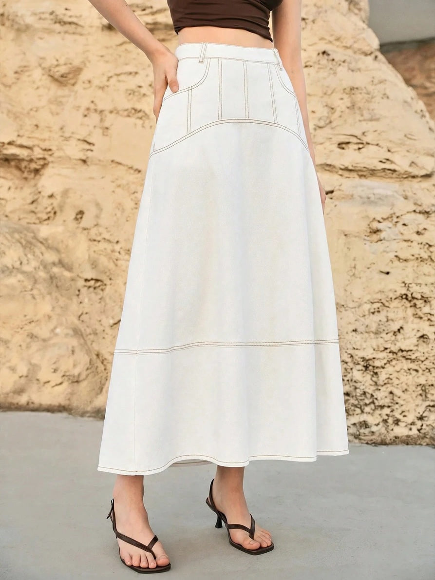 CM-BS304200 Women Casual Seoul Style Mid Waist Slant Pocket A-Line Long Denim Skirt - White