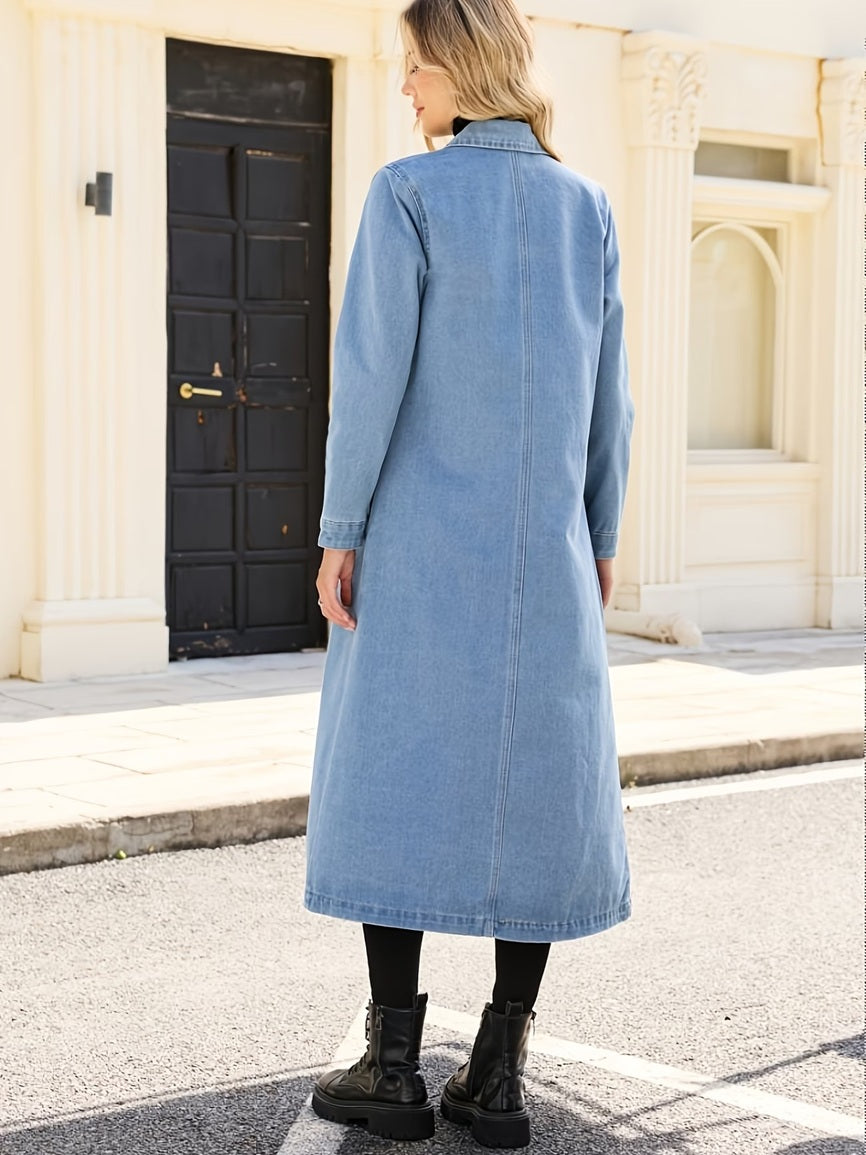 CM-CT178953 Women Casual Seoul Style Lapel Neckline Long Sleeve Knee Extended Shirt Denim Jacket - Sky Blue