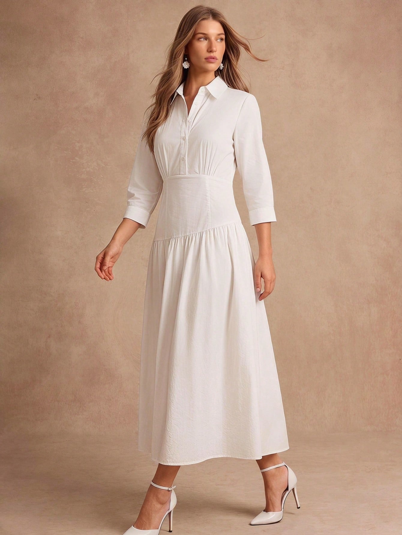 CM-DS246517 Women Elegant Seoul Style Solid Color Collar Neckline 3/4 Sleeve Pleated Waist-Cinching Dress