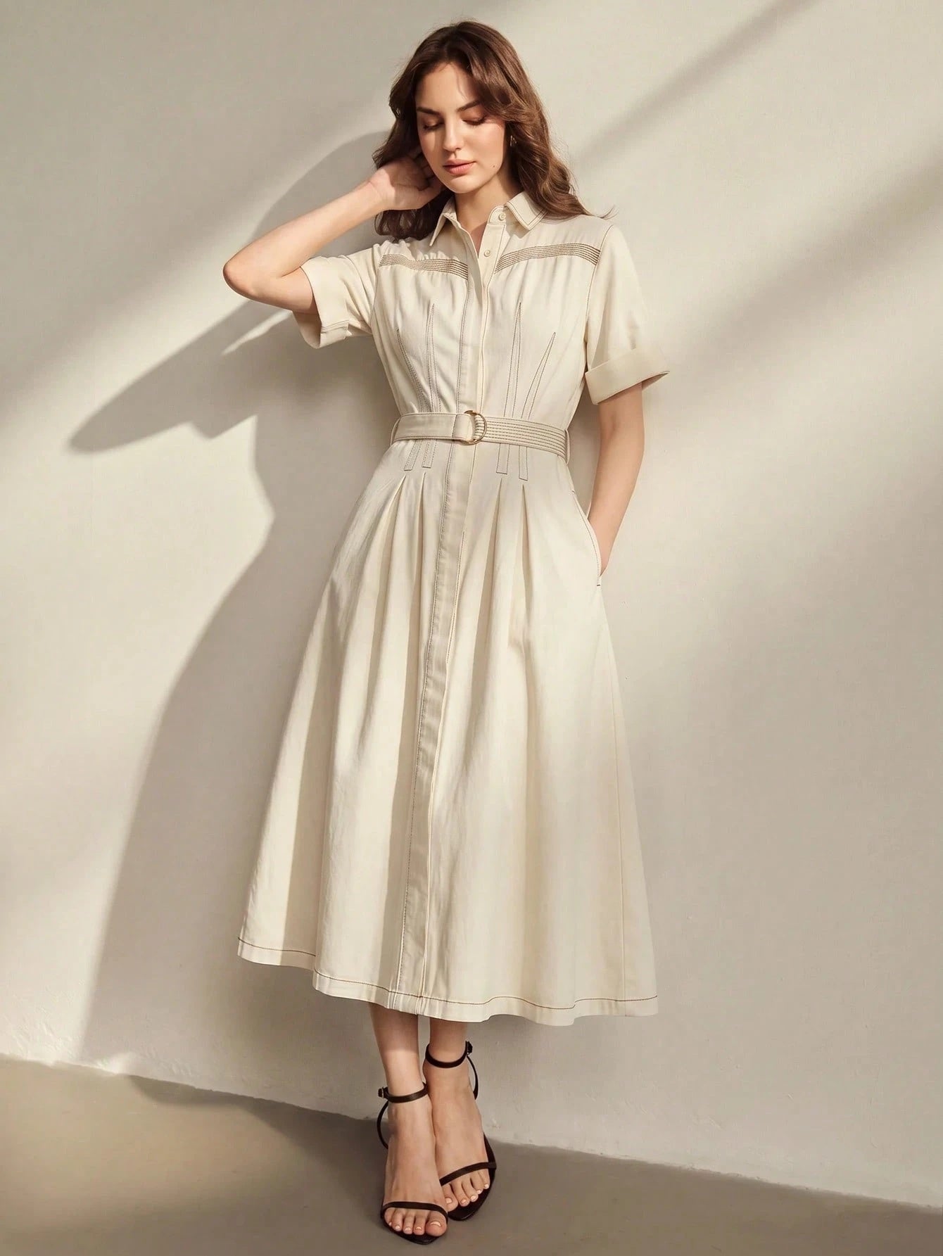 CM-DS359479 Women Elegant Seoul Style Collar Neckline Roll Up Sleeve High Waist Fitted Denim Dress - White