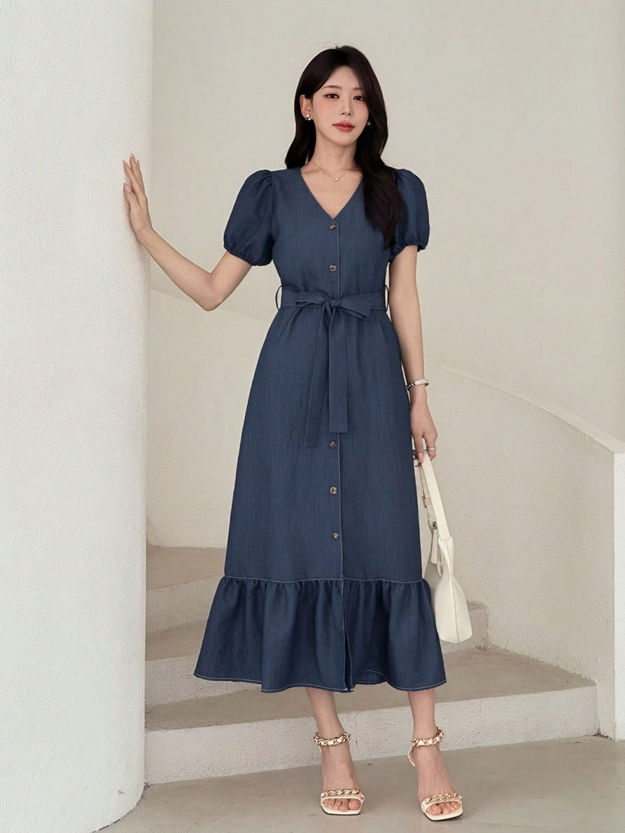 CM-DS294695 Women Casual Seoul Style V-Neck Puff Sleeve Ruffle Hem Cinched Waist Long Dress - Blue