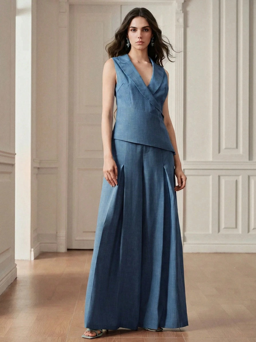 CM-SS917104 Women Elegant Seoul Style V-Neck Sleeveless Vest Top With Loose Wide Leg Pants - Set