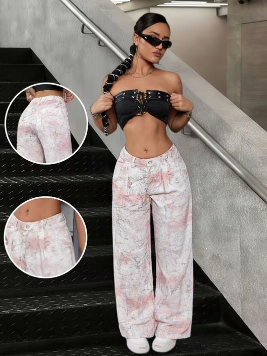 CM-BT720897 Women Casual Seoul Style Low Waist Tie-Dye Print Distinctive Wide-Leg Jeans