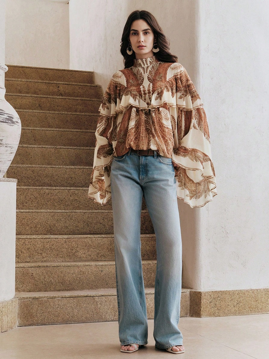 CM-TS528762 Women Trendy Bohemian Style Mock Necl Long Sleeve Plants Print Loose Blouse