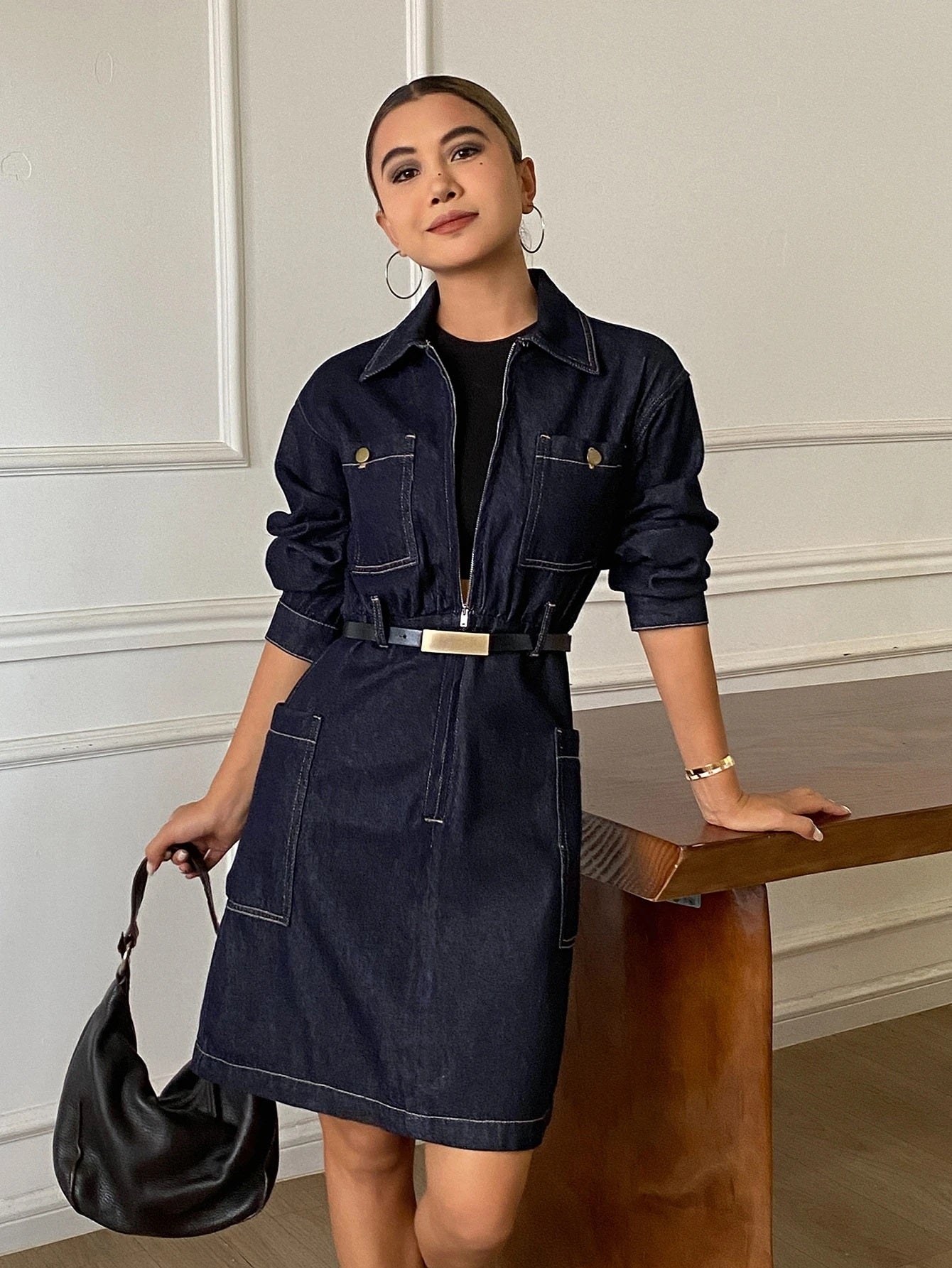 CM-DS937408 Women Casual Seoul Style Dark Wash Collar Neckline Wrist Length Sleeve Loose Fit Short Denim Dress