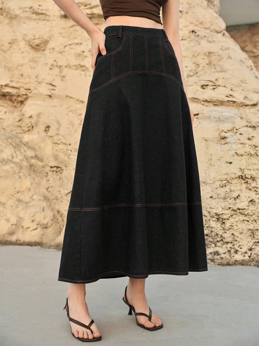 CM-BS379435 Women Casual Seoul Style Mid Waist Slant Pocket A-Line Long Denim Skirt - Black