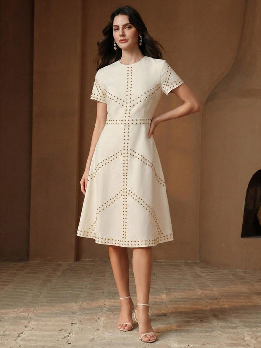 CM-DS714532 Women Elegant Seoul Style Round Neck Short Sleeve Waist-Defining Mid-Length Beaded Embellished Dress