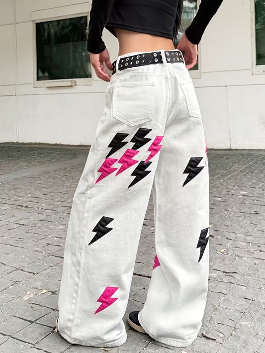 CM-BT121466 Women Casual Seoul Style Lightning Applique Loose Wide-Leg Jeans - White