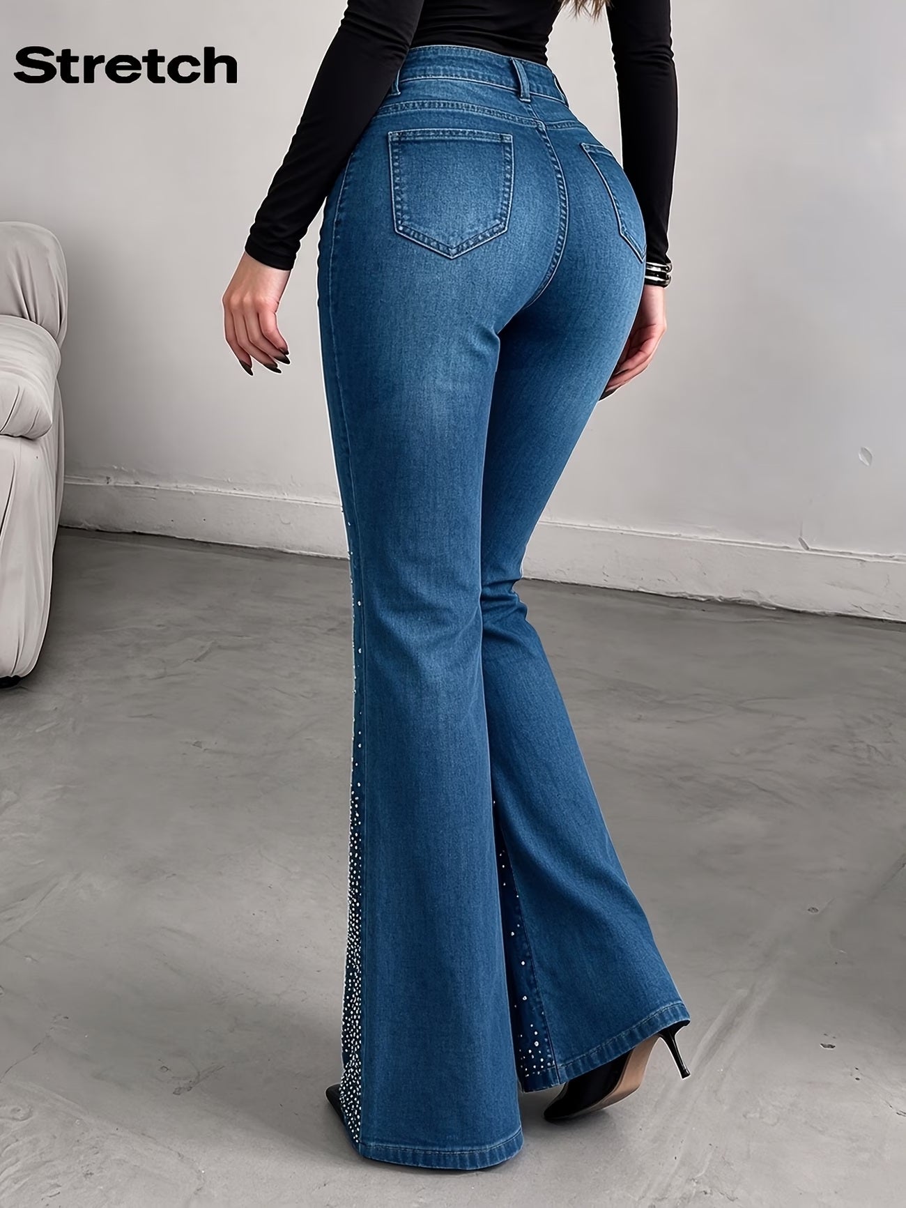 CM-BT960384 Women Casual Seoul Style Medium Wash Rhinestone-Embellished Flared Jeans