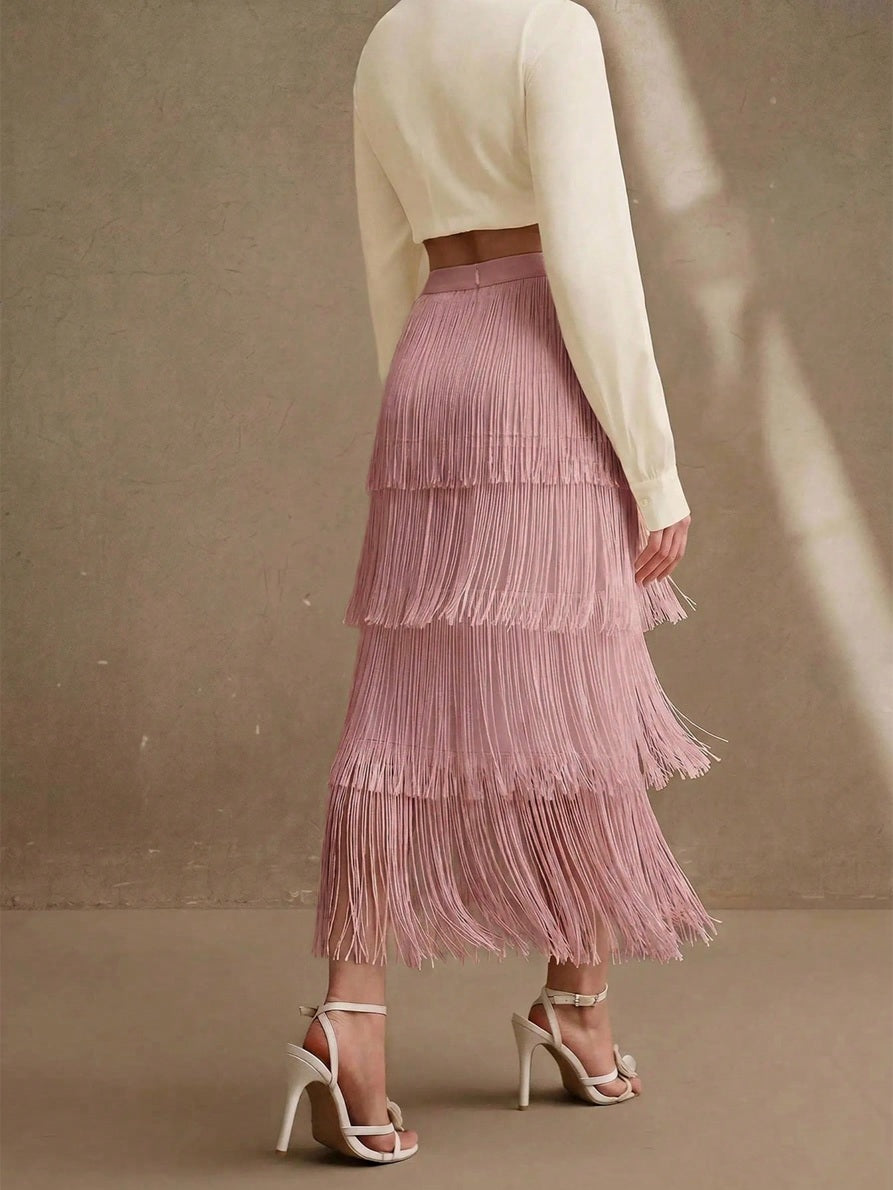 CM-BS707440 Women Elegant Seoul Style High Waist Tiered Layered Tassel Midi Skirt - Pink