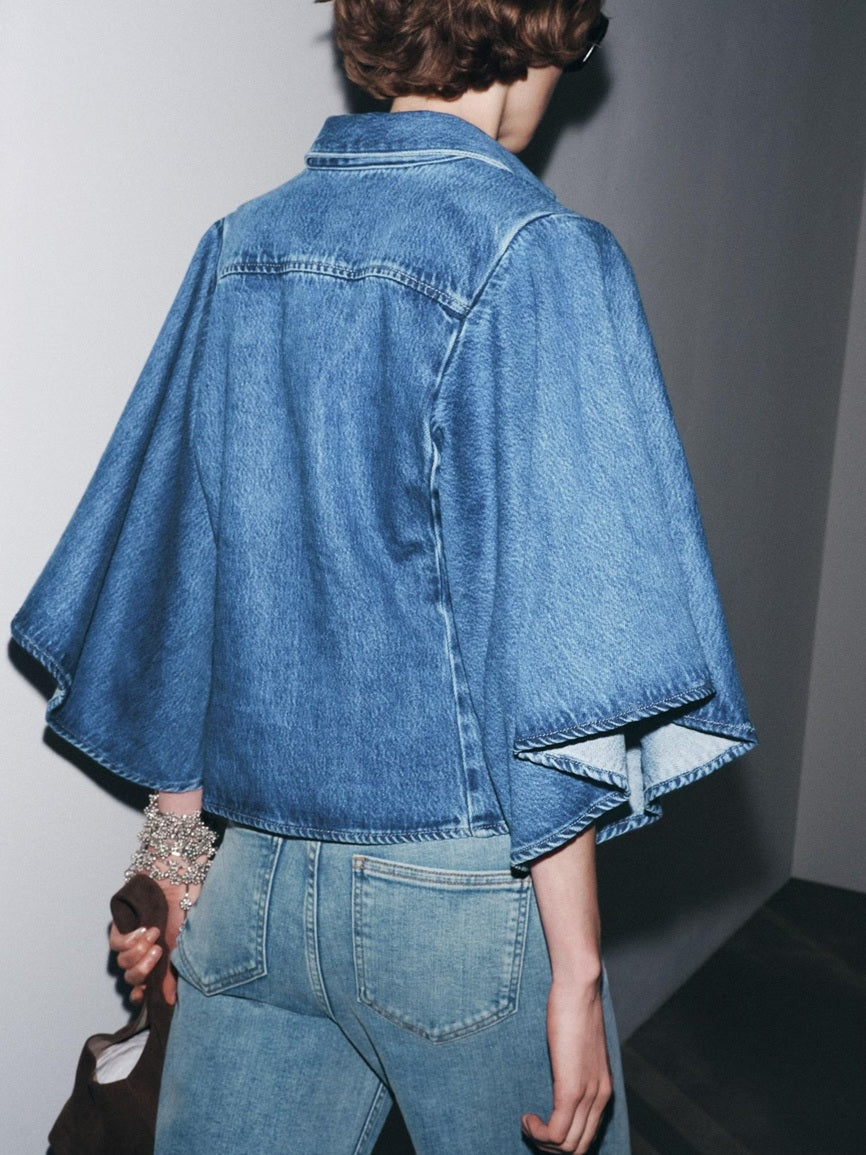 CM-CT274713 Women Elegant Seoul Style Medium Wash V-Neck Long Sleeve Loose Denim Jacket