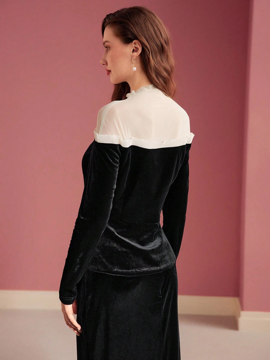 CM-TS319944 Women Elegant Seoul Style Stand Collar Long Sleeve Colorblock Contrast Mesh Velvet Top