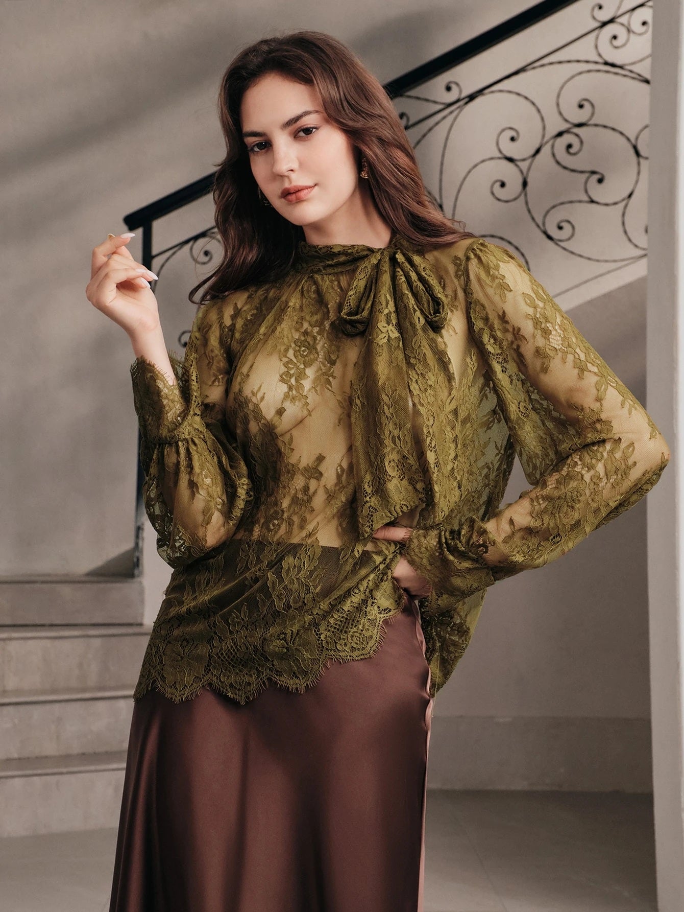 CM-TS414367 Women Elegant Seoul Style Tie Neck Extra Long Sleeve Lace Floral Blouse - Army Green