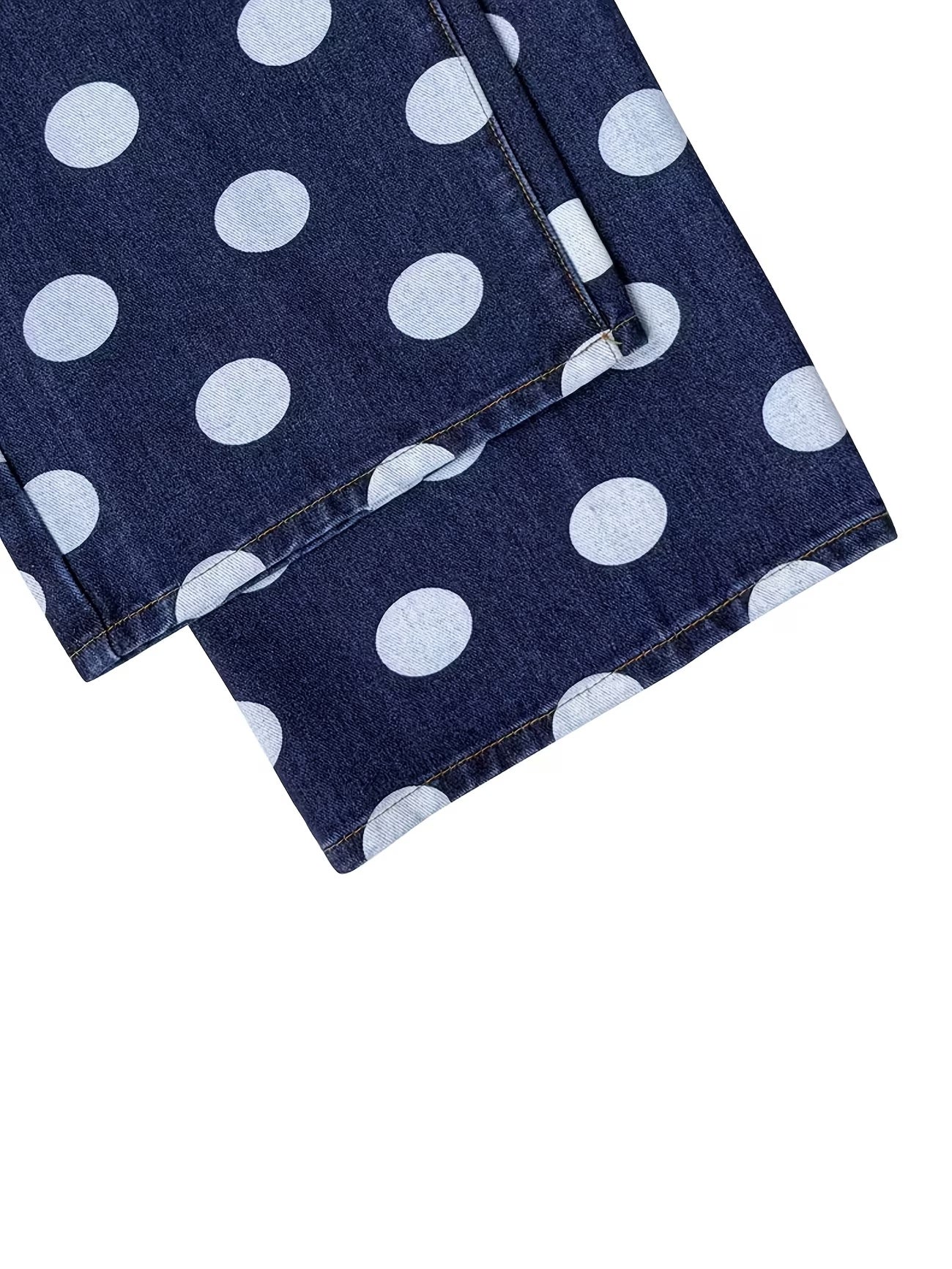 CM-BT786288 Women Casual Seoul Style High Waist Large Polka Dot Washed Wide Leg Denim Long Trousers - Deep Blue