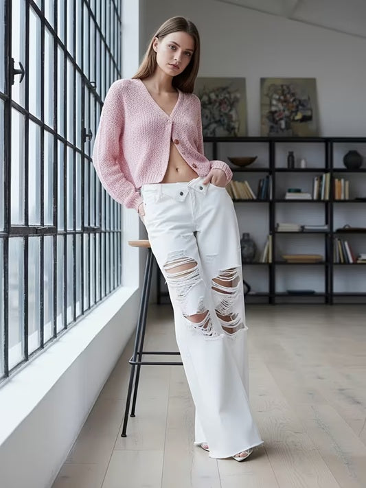 CM-BT067668 Women Casual Seoul Style Mid Waist Distressed Waistband Ripped Jeans - Beige