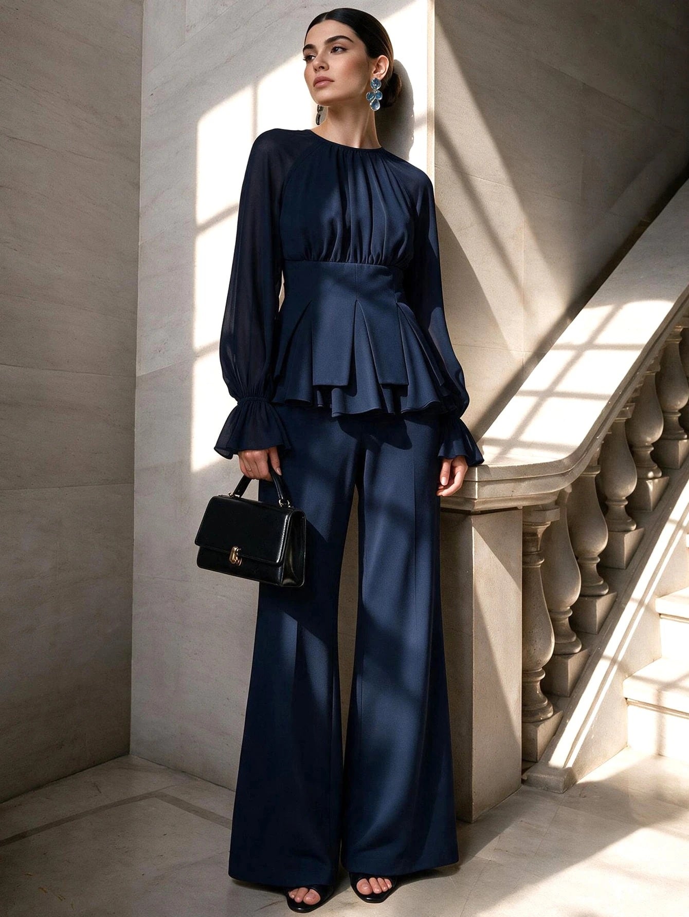 CM-SS854731 Women Elegant Seoul Style Round Neck Long Sleeve Chiffon Patchwork Blouse With Flared Leg Pants - Set