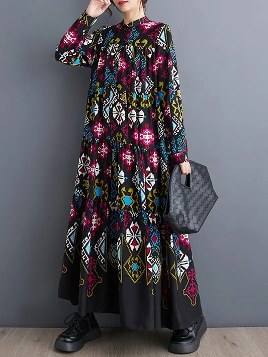 CM-DT103391 Women Casual Seoul Style Geometric Print Stand Collar Long Sleeve A-Line Loose Fit Maxi Dress