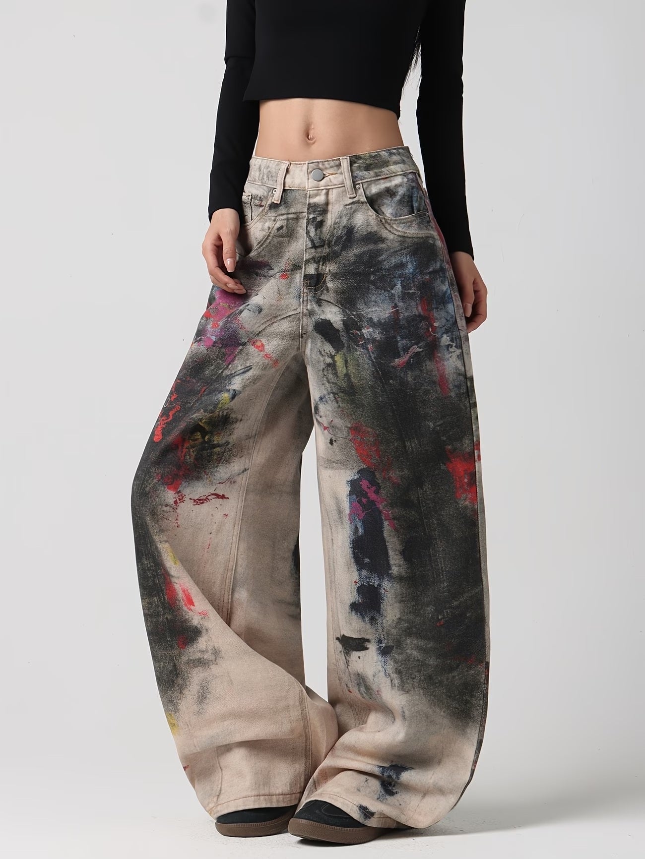 CM-BT057152 Women Casual Seoul Style 2D Graffiti Print Design Wide-Leg Jeans