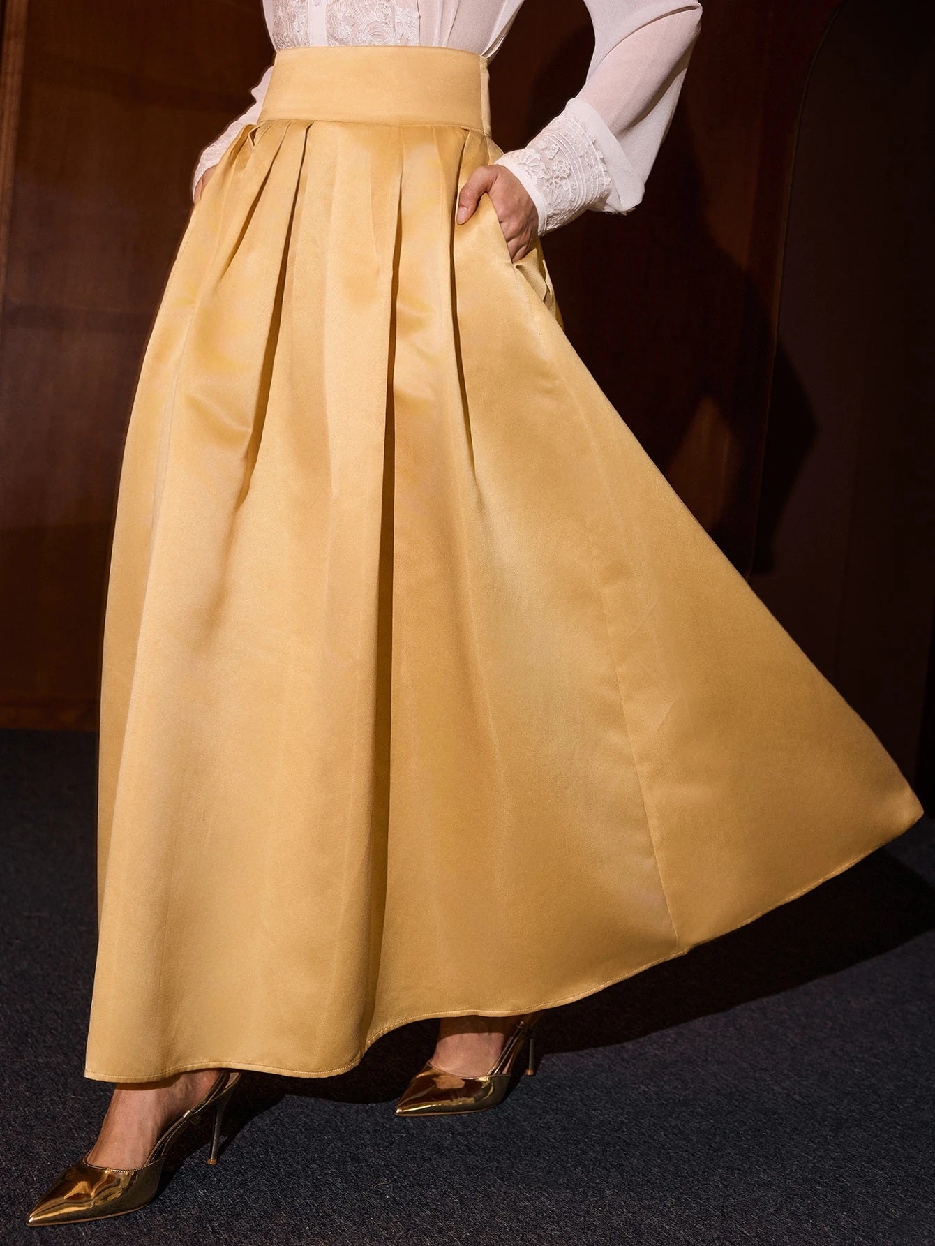 CM-BS835243 Women Elegant Seoul Style High Waist Solid Fold Pleated Zipper Side Long Skirt - Khaki