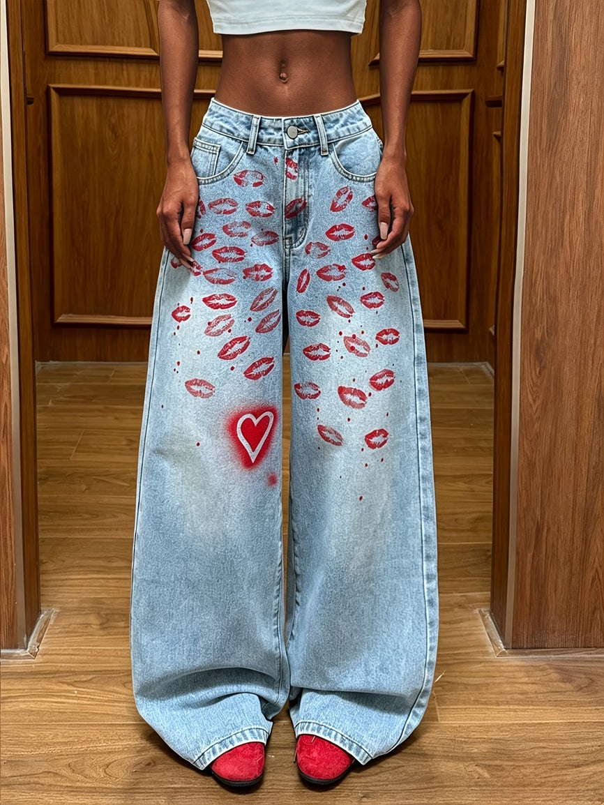 CM-BT125010 Women Casual Seoul Style Red Lip And Heart Print Loose Fit Wide-Leg Pants - Light Blue