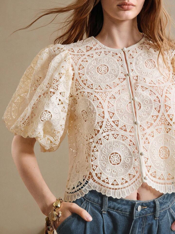 CM-TS318012 Women Elegant Seoul Style Lace Hollow Puff Sleeve Round Neck Placket Shirt - Apricot