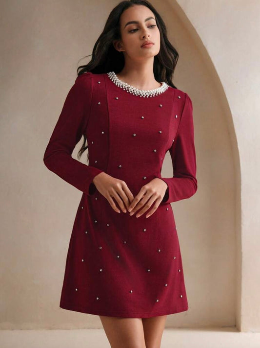 CM-DS243828 Women Elegant Seoul Style Rhinestone Pearl Decor Round Neck Long Sleeve Waisted Dress