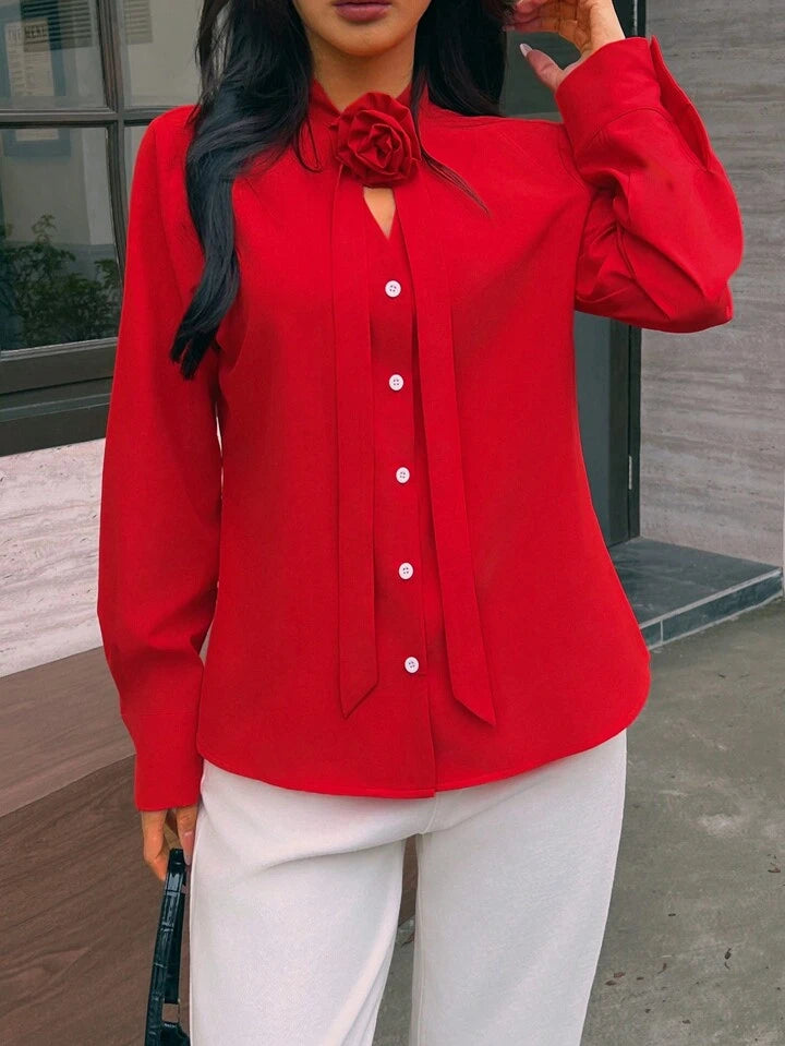 CM-TS303733 Women Casual Seoul Style Floral Detachable Brooch Contrast Buttons Tie Front Blouse - Red