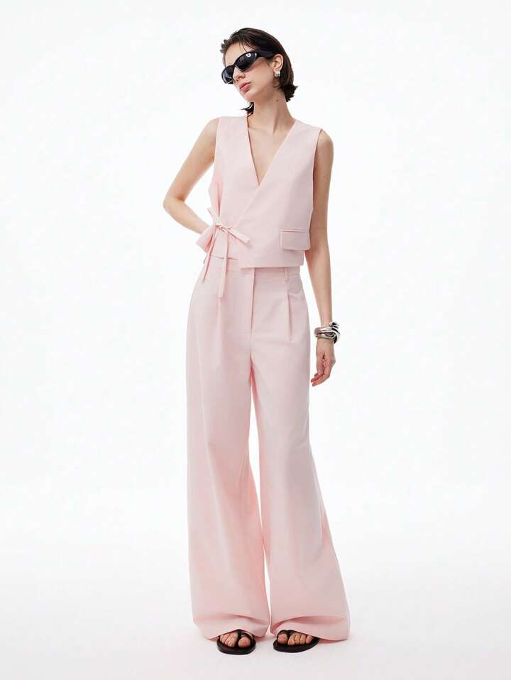 CM-SS262320 Women Casual Seoul Style V-Neck Sleeveless Tie-Waist Asymmetric Placket Vest With Wide-Leg Pants - Set