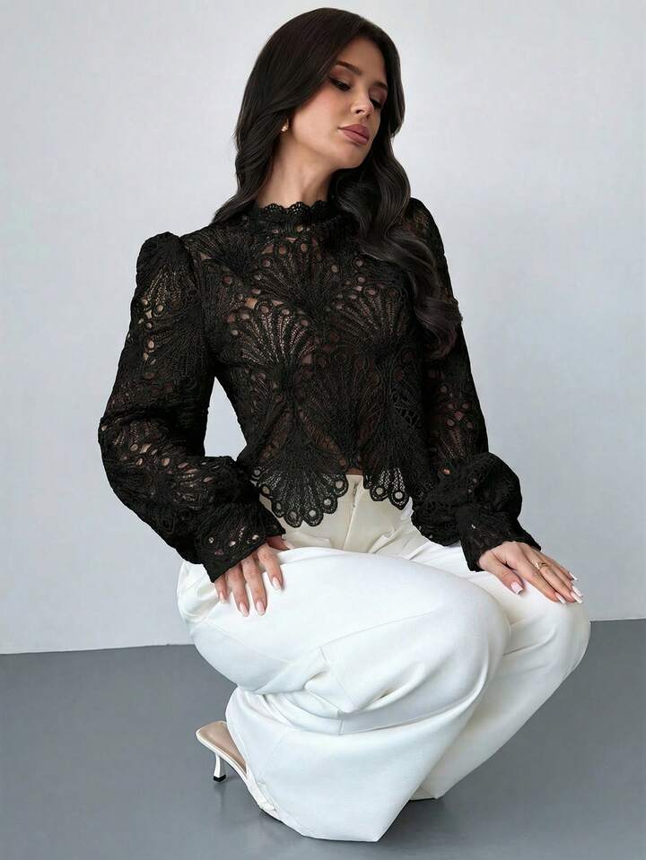CM-TS794260 Women Elegant Seoul Style Mandarin Collar Lace Sheer Lantern Sleeve Blouse - Black
