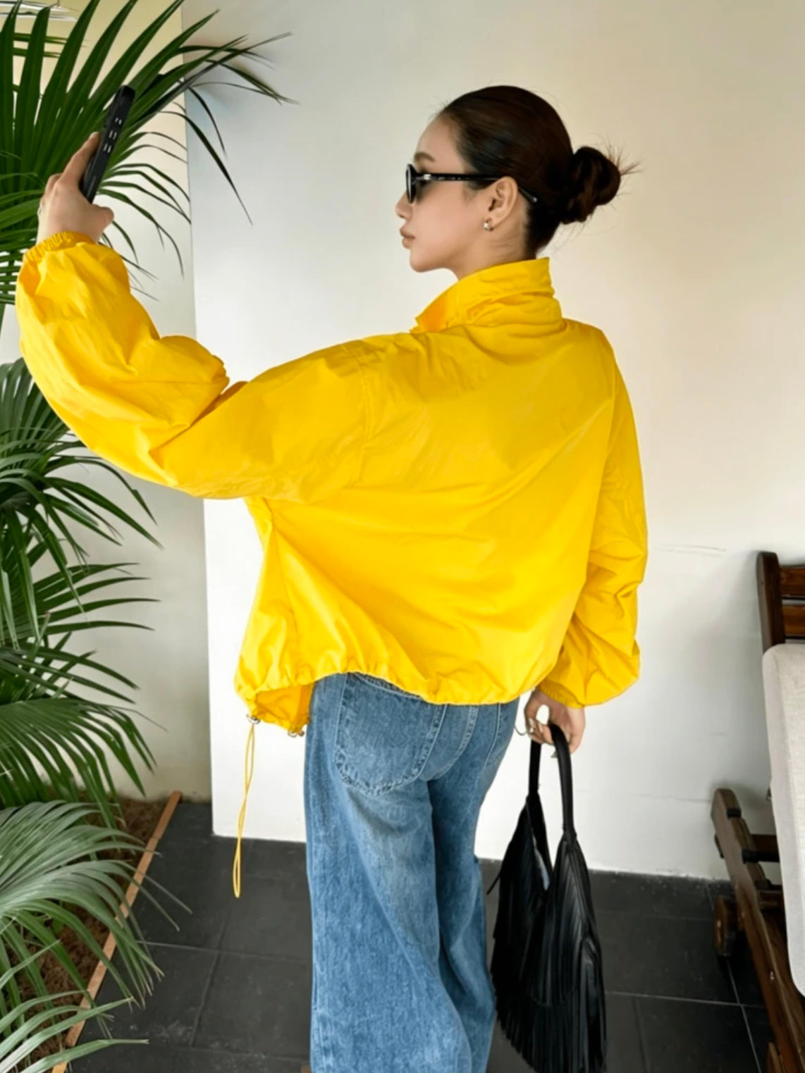 CM-CS765244 Women Casual Seoul Style Drawstring Collar Loose Fit Short Lightweight Jacket - Yellow