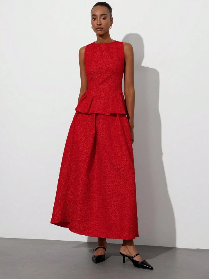 CM-SS678805 Women Elegant Seoul Style Sleeveless Jacquard Top With Layered Waist Detail Extra Long Skirt - Set