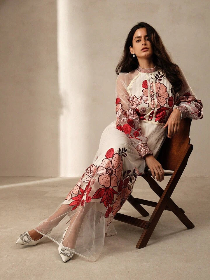 CM-DS065061 Women Trendy Bohemian Style Floral Embroidery Sequin Lace Border Maxi Dress