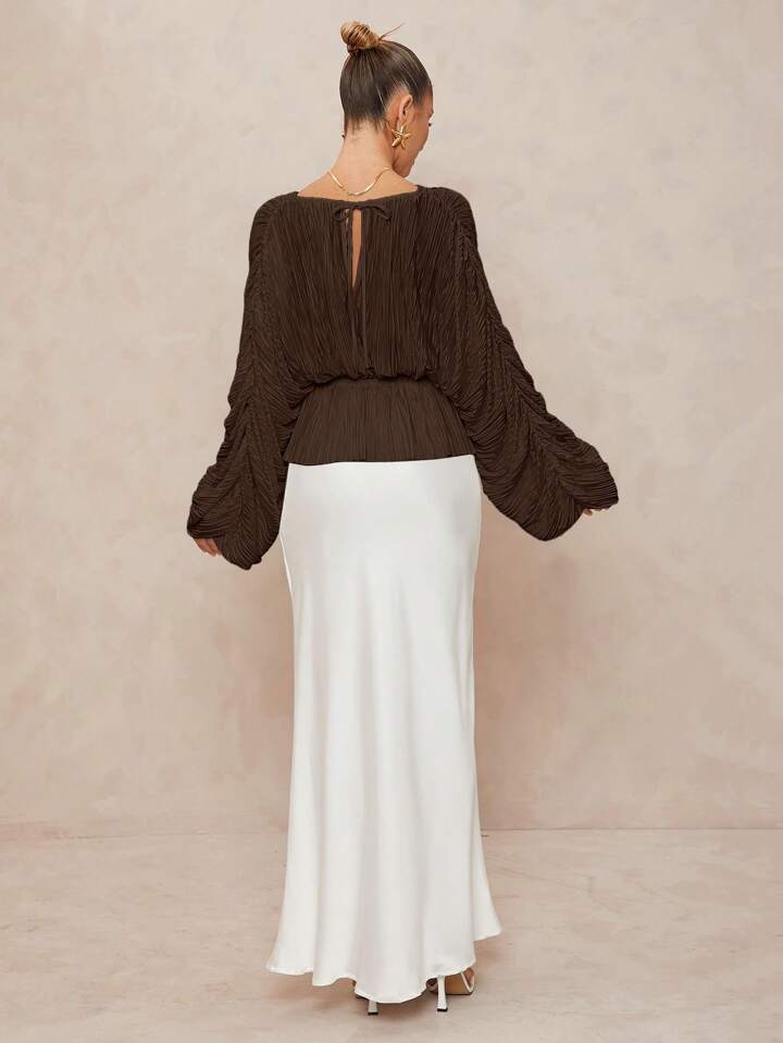 CM-TS201119 Women Elegant Seoul Style Deep V-Neck Oversized Ruffle Sleeves Loose Blouse - Brown